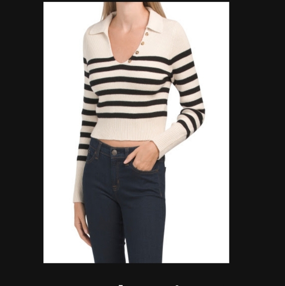 [ HAPPILY GREY] New w/ tags! CUTEST  cream/ navy striped COLLARED v-necK SWEATER - Picture 3 of 16